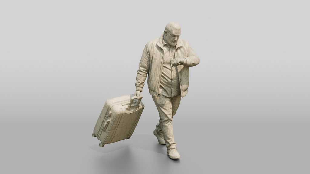 Plus-Size Bearded Man Carrying Two Suitcases Checking His Watch
