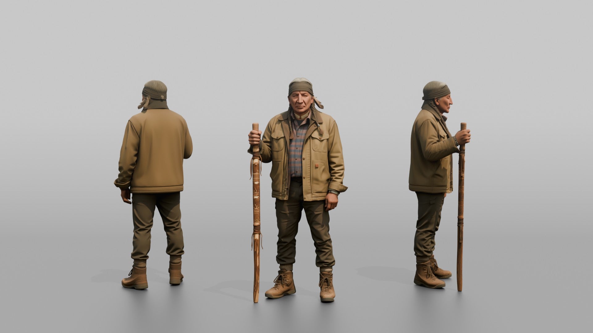 Hiker Holding a Carved Wooden Walking Stick