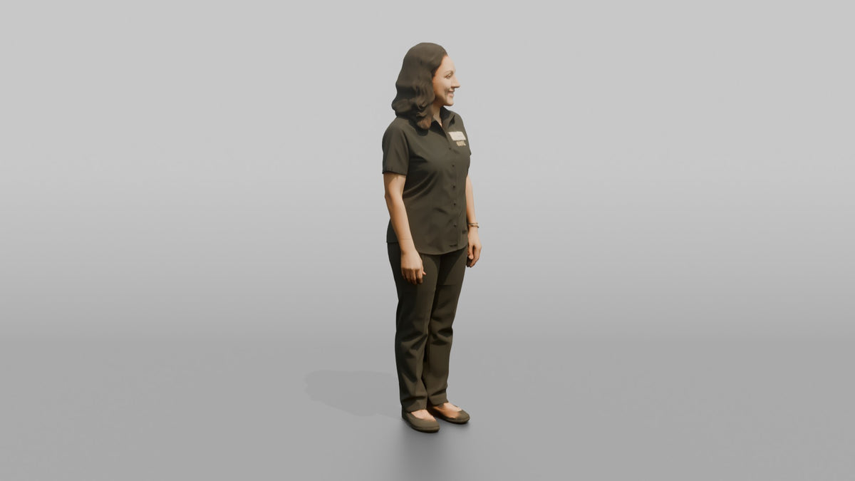 Host Woman Standing With A Warm Welcoming Smile, Arms At Sides - 3D character model, view 2