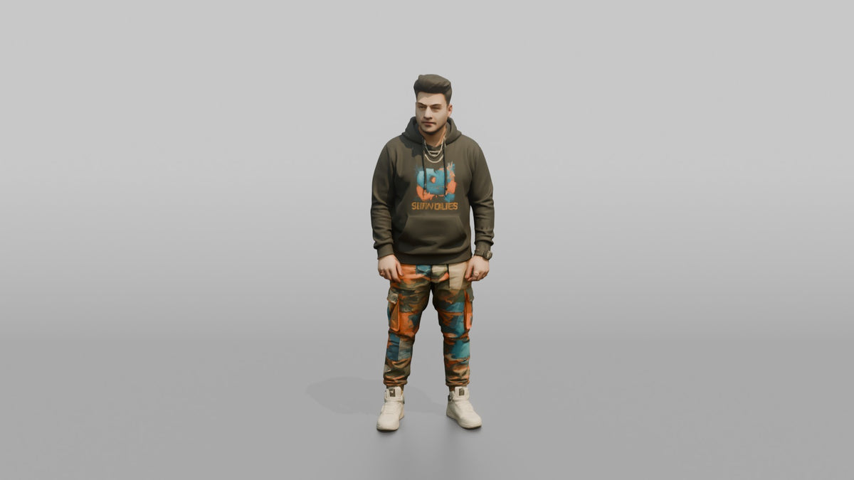 Patron Man Striking A Pose In Colorful Cargo Pants And A Graphic Hoodie - 3D character model, view 5