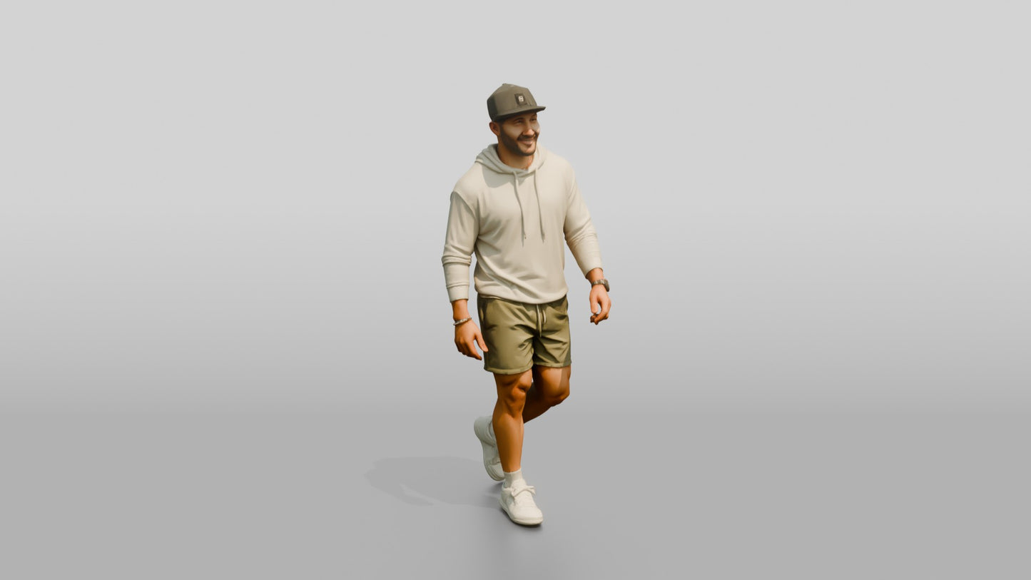 Latino Man Striding on the Boardwalk in Terry Hoodie