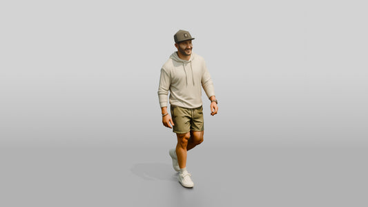 Latino Man Striding on the Boardwalk in Terry Hoodie - 3D character model, view 1