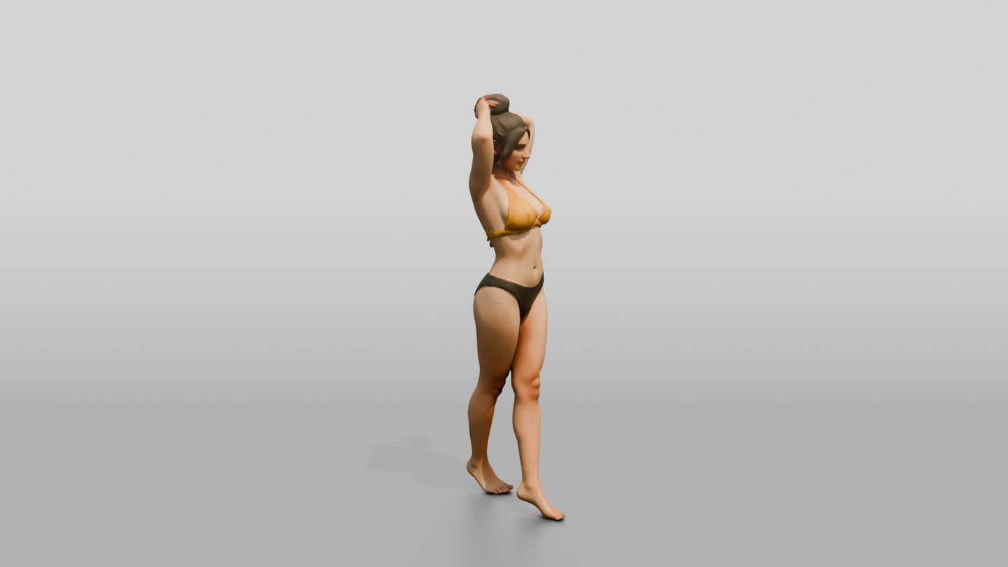Curvy Woman in Yellow Two-Piece Swimsuit Arms Raised