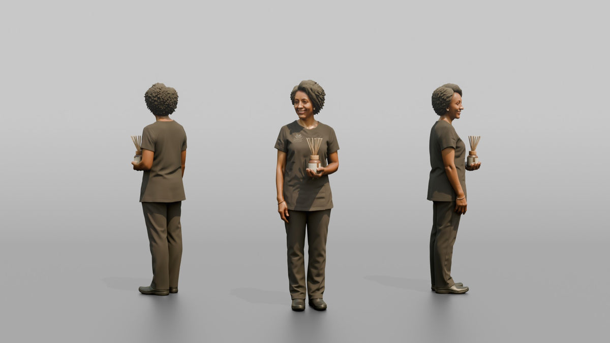 Massage Therapist Woman Holding An Aromatherapy Diffuser Bottle - 3D character model, view 1