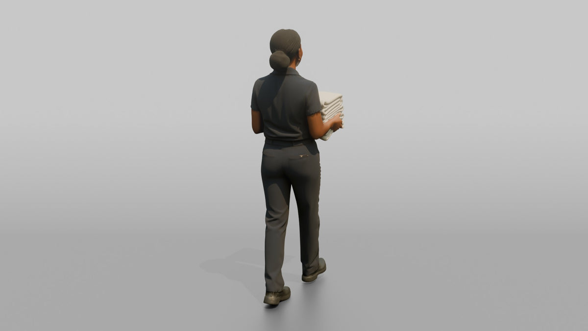 Housekeeping Staff Man Carrying A Stack Of Folded Towels - 3D character model, view 3
