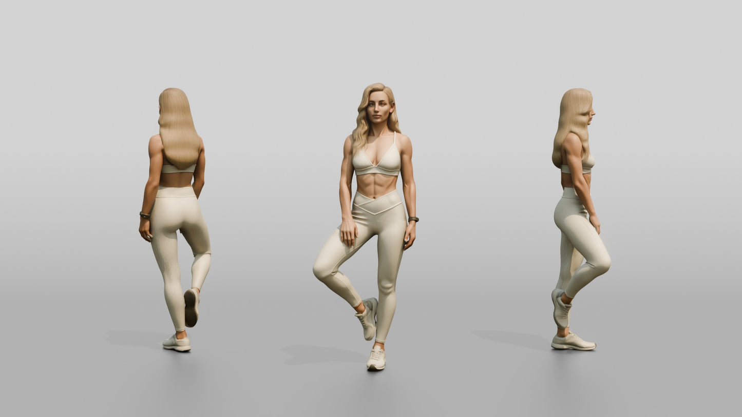 Blonde Woman in Cream Activewear in a Balance Pose