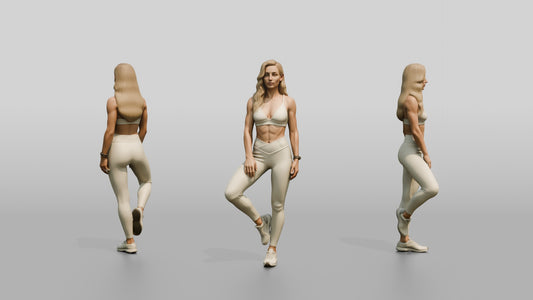 Blonde Woman in Cream Activewear in a Balance Pose - 3D character model