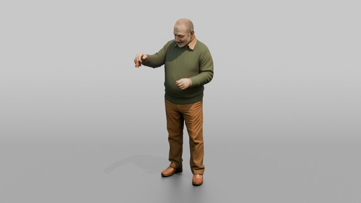 Grandfather Holding A Chess Piece, Mid-move Over An Unseen Board - 3D character model, view 4