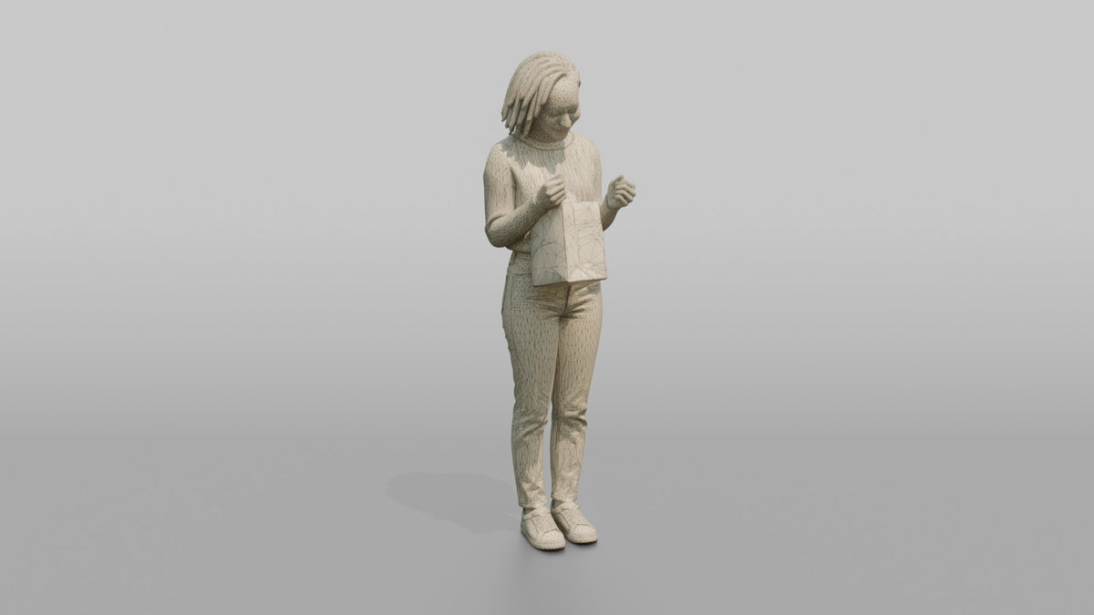 Woman Customer Holding A Shopping Bag Up To Check Its Contents - wireframe topology preview