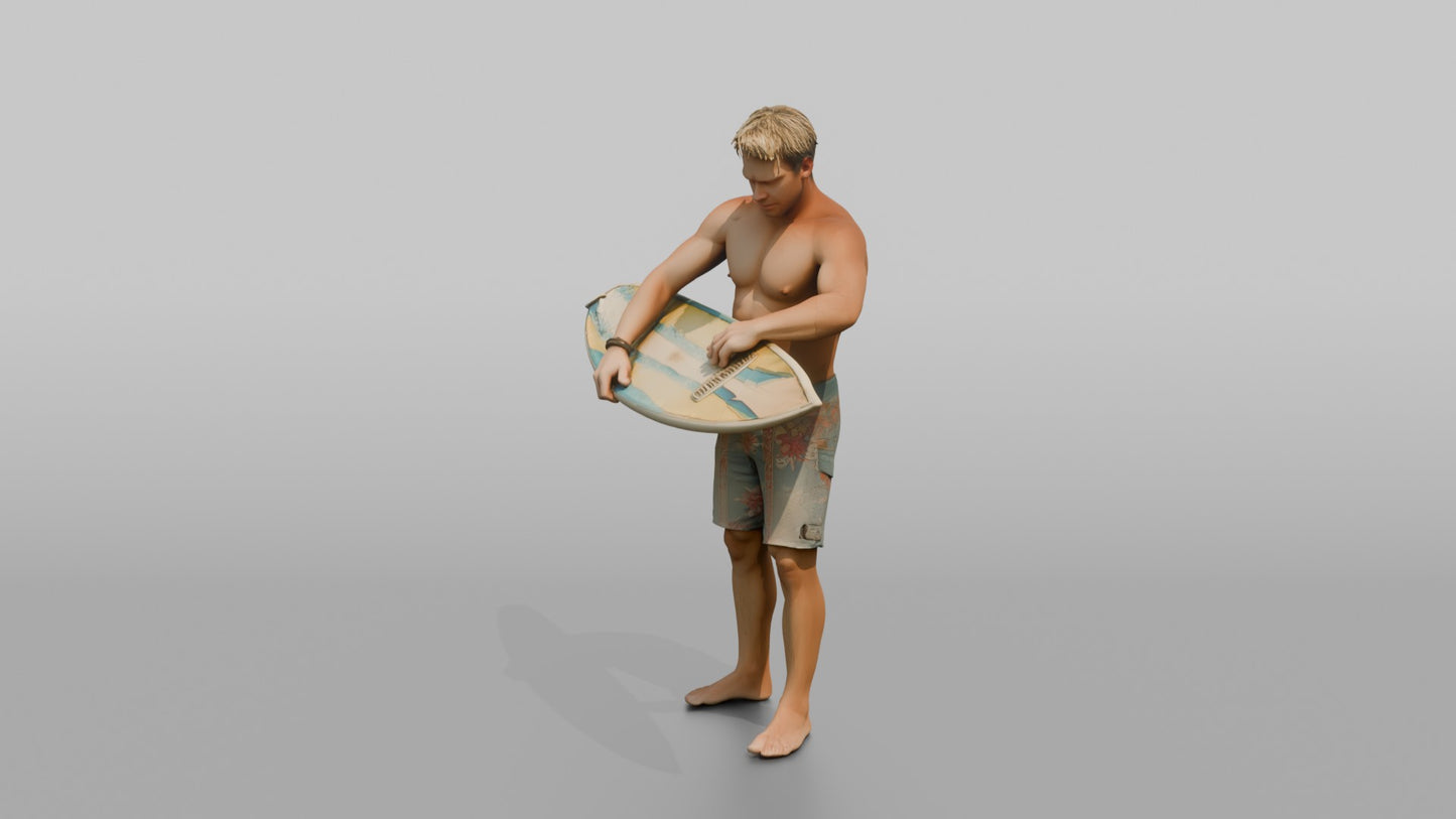 Surfer Waxing His Surfboard