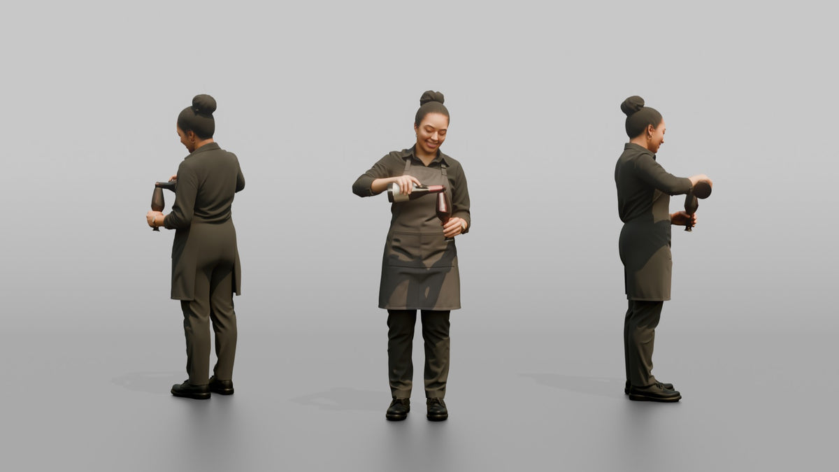 Server Woman Pouring Wine Into A Glass - 3D character model, view 1