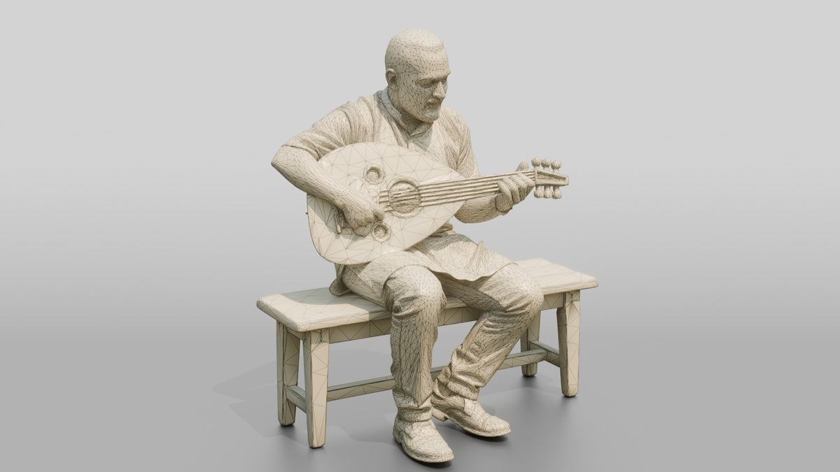 Oud Player Strumming Acoustic Oud - wireframe topology preview