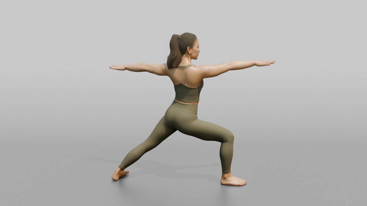 Fitness Influencer Woman Holding A Warrior-pose Stretch - 3D character model, view 3