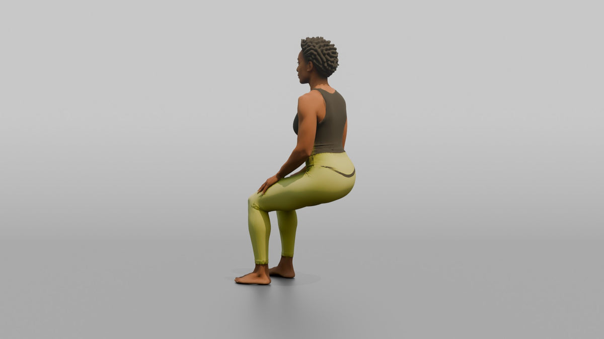 Bodyweight Athlete Woman Holding A Wall-sit Position - 3D character model, view 3