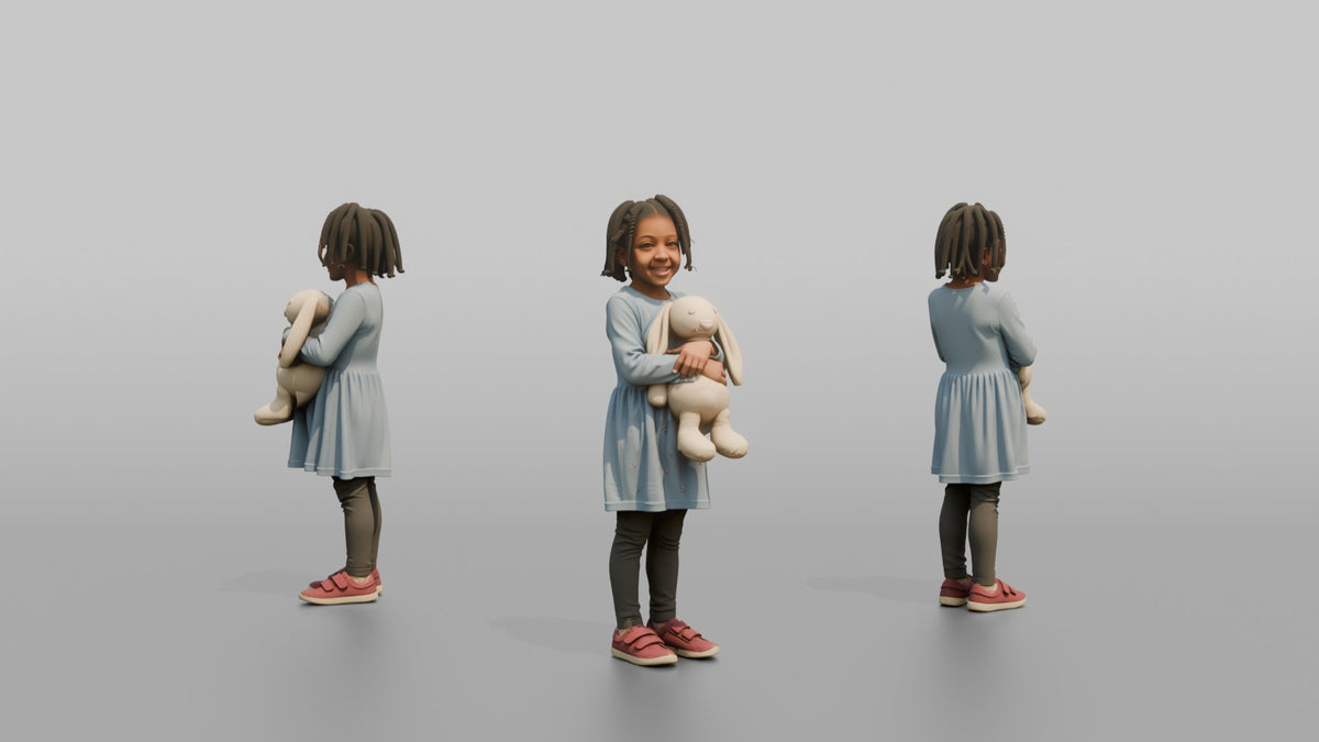 Daughter Holding A Stuffed Rabbit With Both Arms - 3D character model, view 1