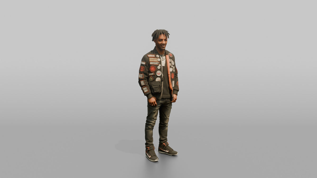 Patron Man Wearing A Vibrant Streetwear Jacket With Bold Patches - 3D character model