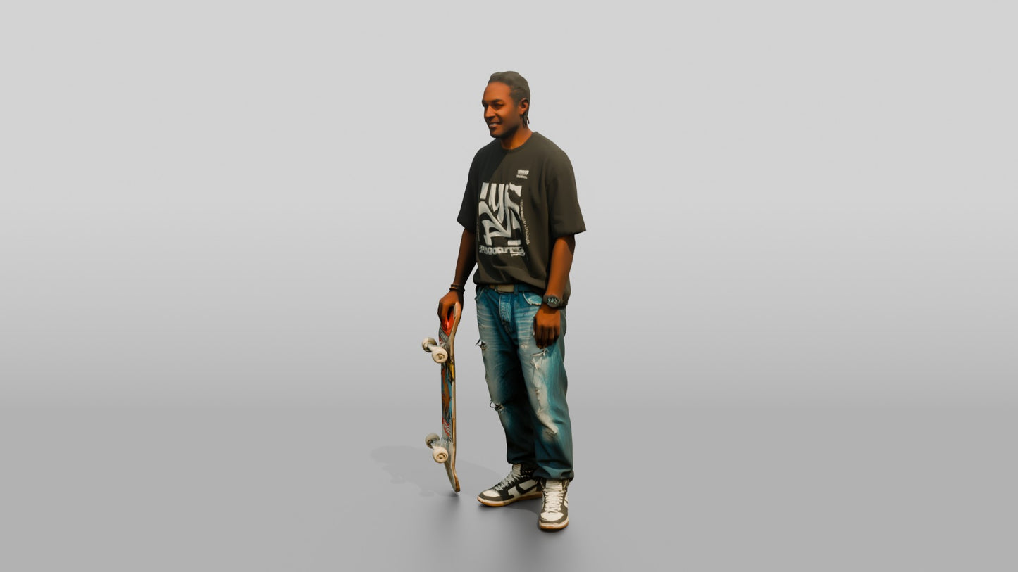 Skater Man in Ripped Jeans with Skateboard