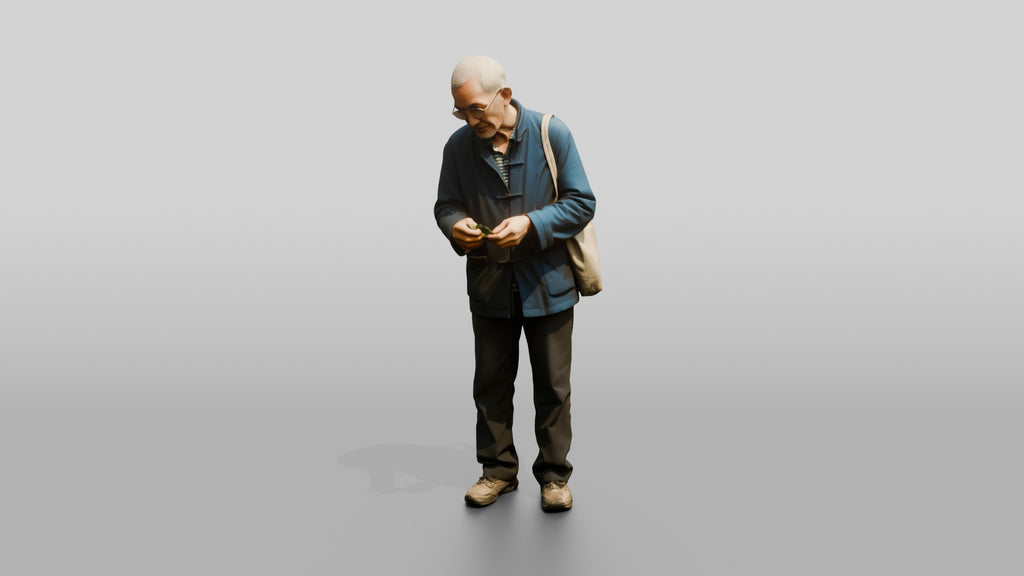 Elderly Chinese Man Walking with Shoulder Bag