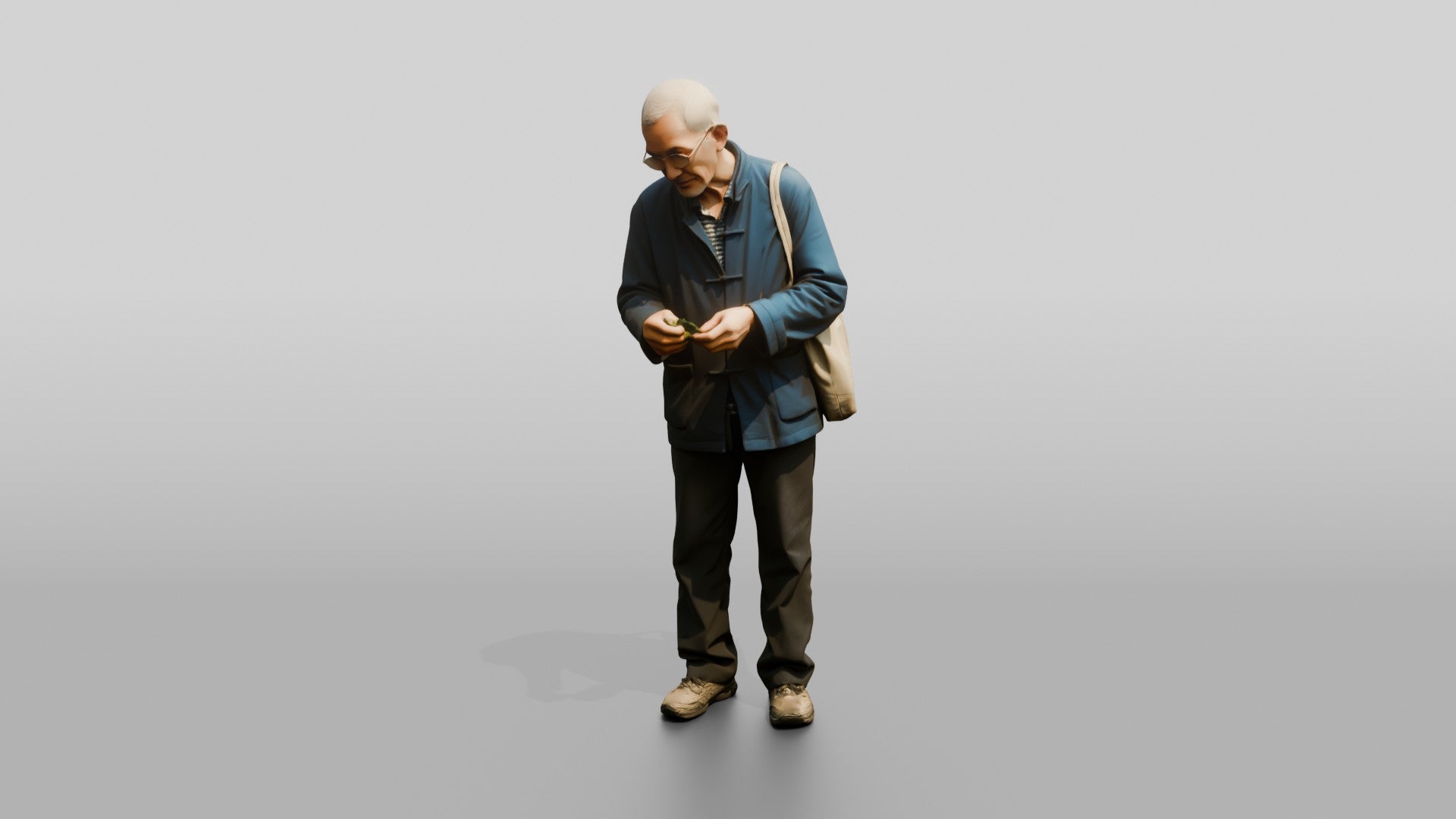 Elderly Chinese Man Walking with Shoulder Bag