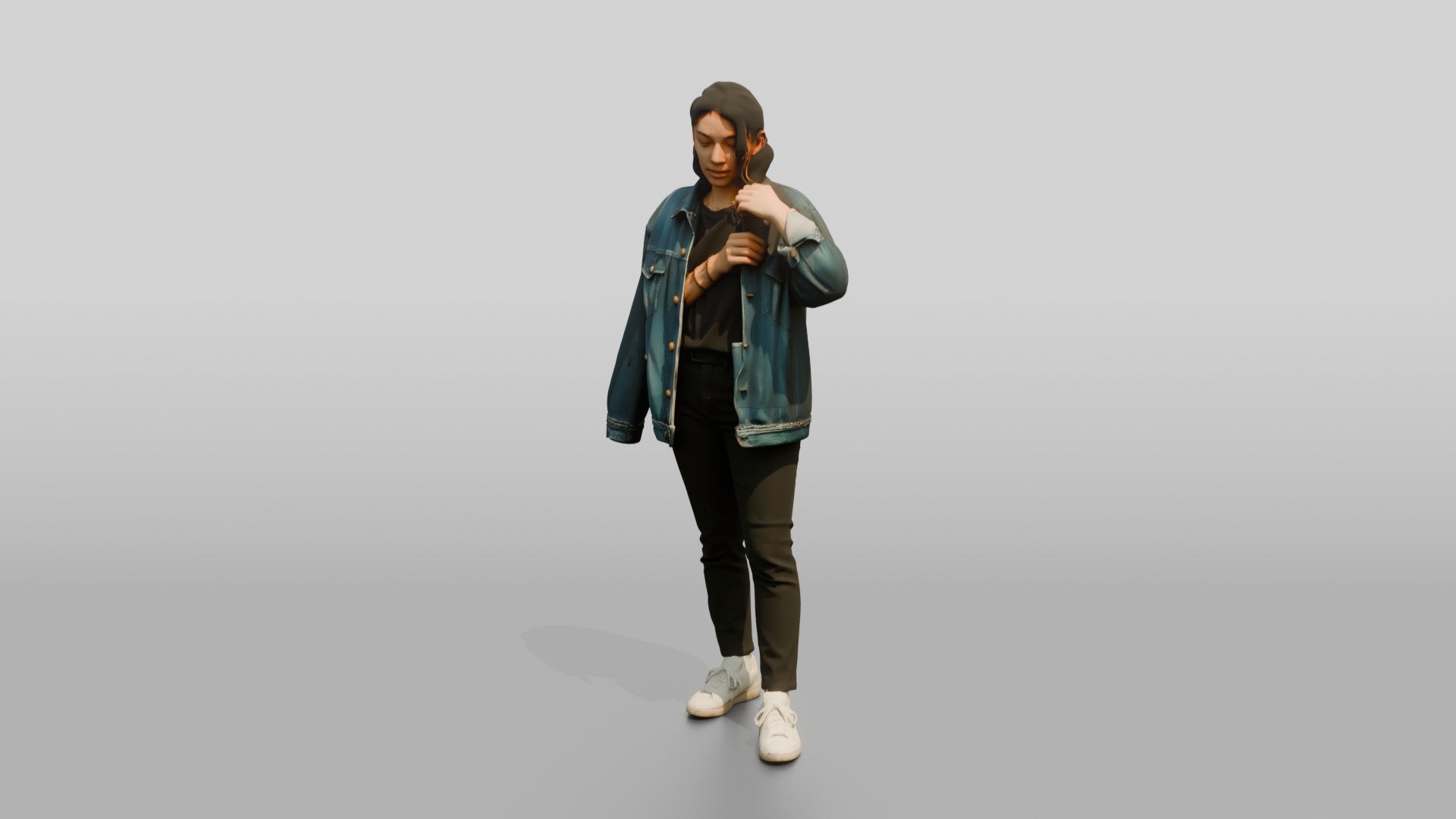 Homeless Woman Adjusting an Oversized Denim Jacket
