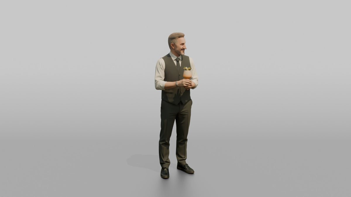 Bartender Man Presenting A Finished Cocktail With Both Hands - 3D character model, view 2