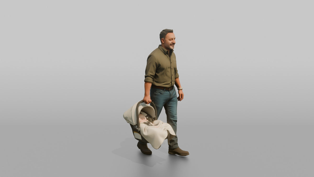 Father Carrying A Car Seat By Its Handle At His Side - 3D character model