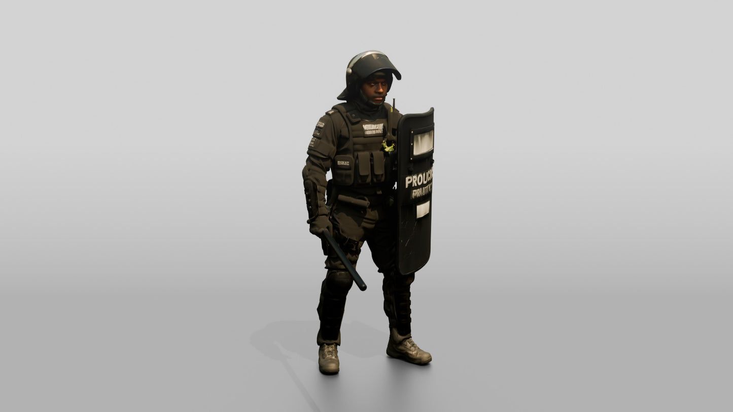 Riot Police Officer Standing with Marked Shield