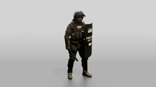 Riot Police Officer Standing with Marked Shield - 3D character model, view 1