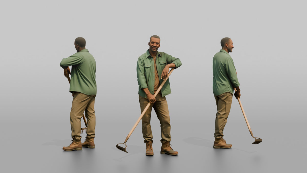 Father Holding A Garden Rake, Leaning On It Slightly - 3D character model, view 1