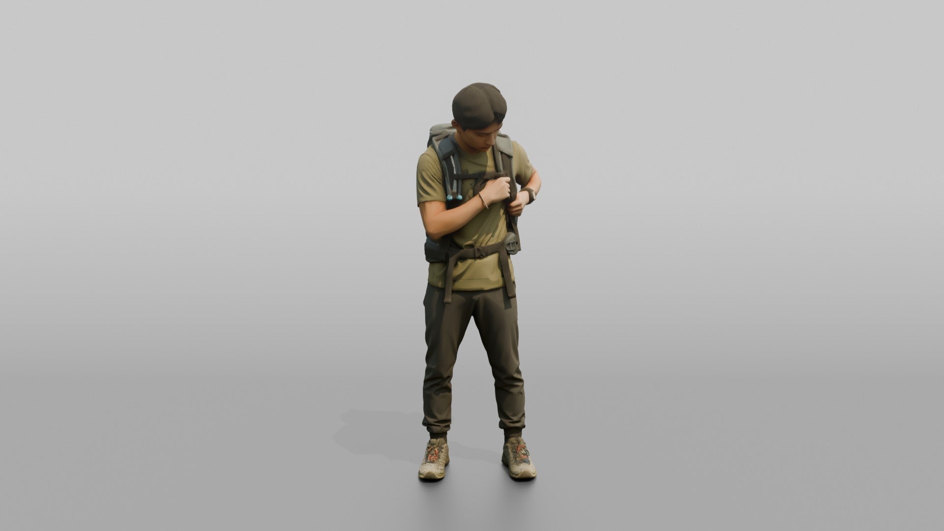 Hiker Adjusting His Backpack Strap