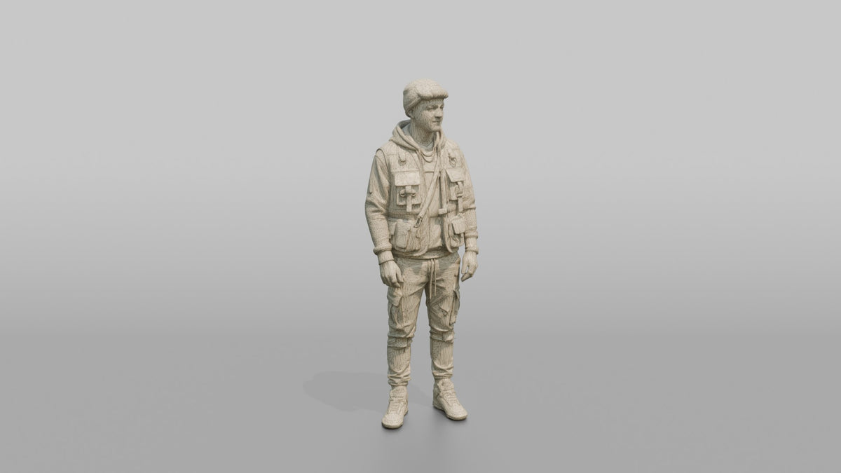 Patron Man Wearing A Bright Utility Vest Over Urban Streetwear, Confident Pose - wireframe topology preview