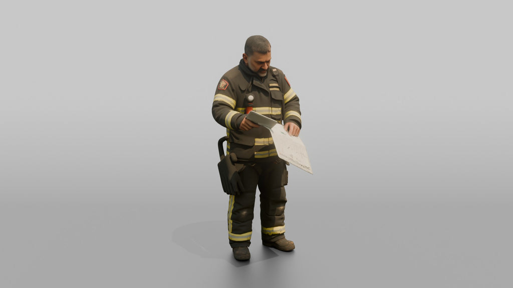 Firefighter Man Reviewing an Emergency Building Map