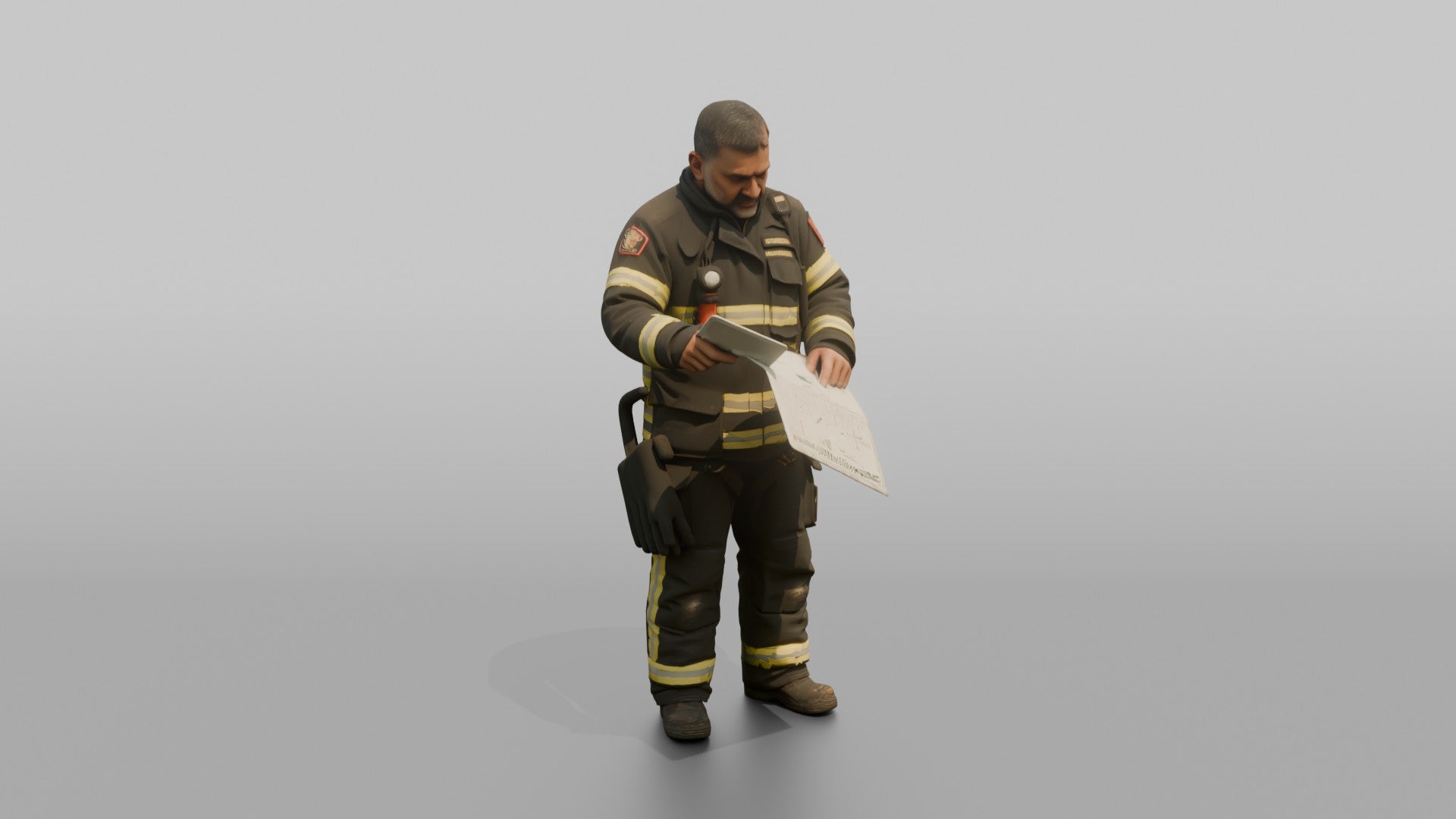 Firefighter Man Reviewing an Emergency Building Map