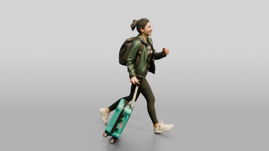 Woman Running Through Airport with Teal Suitcase and Backpack
