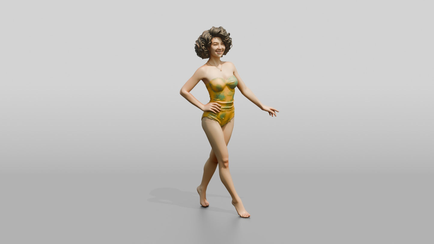 Woman in Gold One-Piece Swimsuit Walking