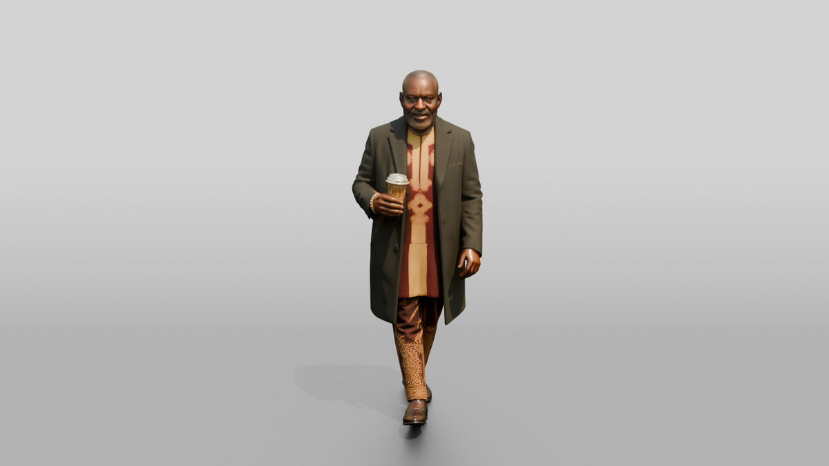 Elderly African Man in an Embroidered Agbada and Coat - 3D character model, view 5
