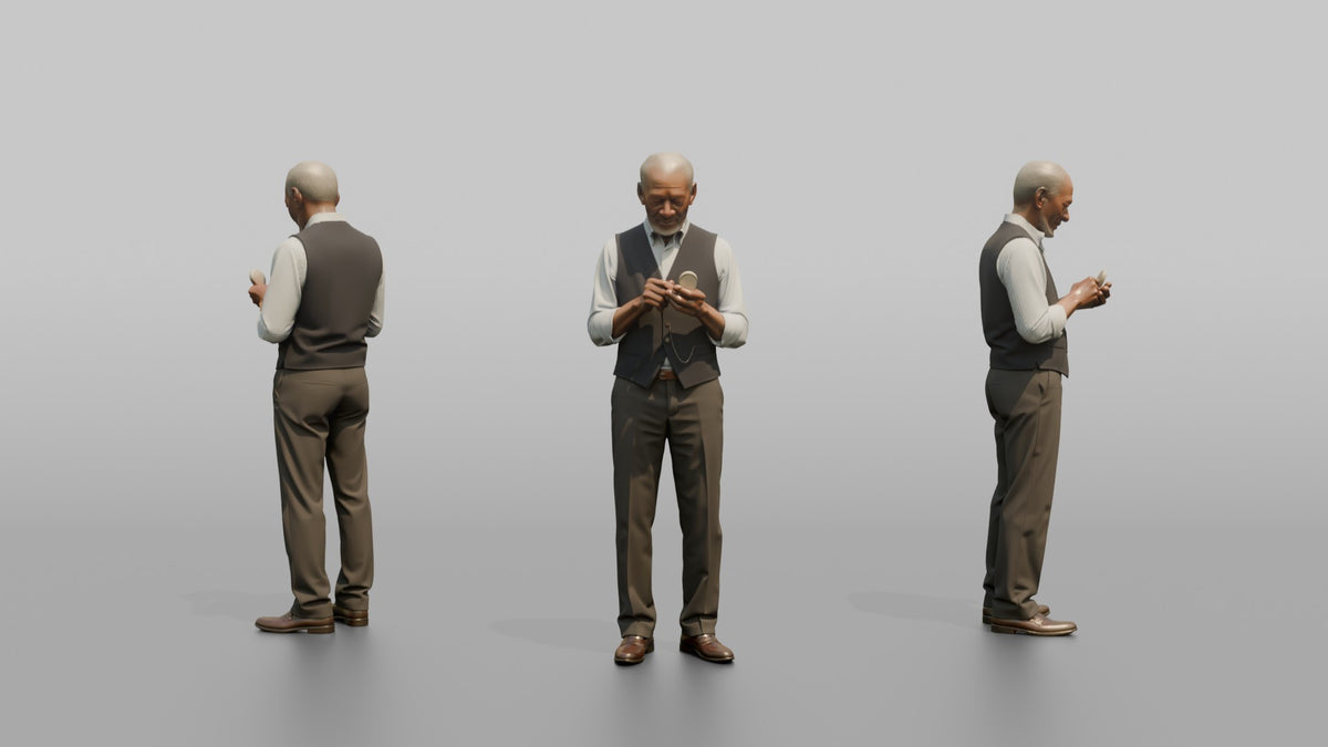 Grandfather Holding A Pocket Watch, Checking The Time - 3D character model, view 1