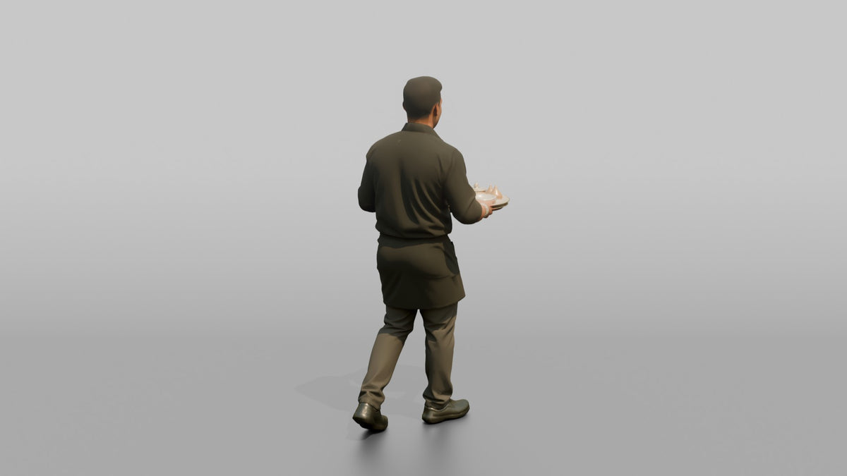 Server Man Holding A Bread Basket With Both Hands - 3D character model, view 3