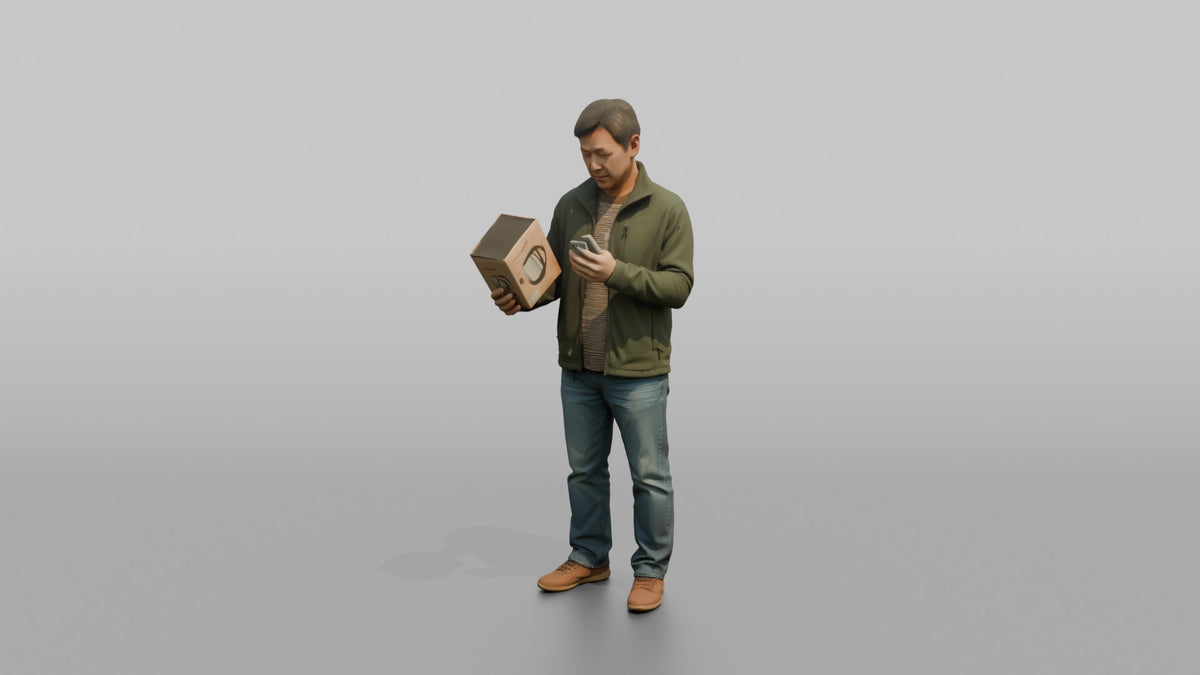 Man Customer Comparing Prices On His Phone While Holding A Product - 3D character model, view 5