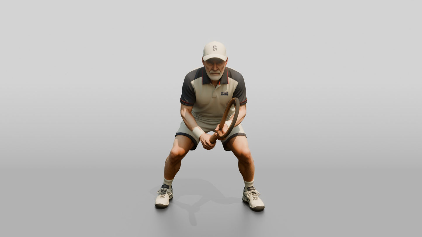 Senior Tennis Player in a Deep Defensive Stance