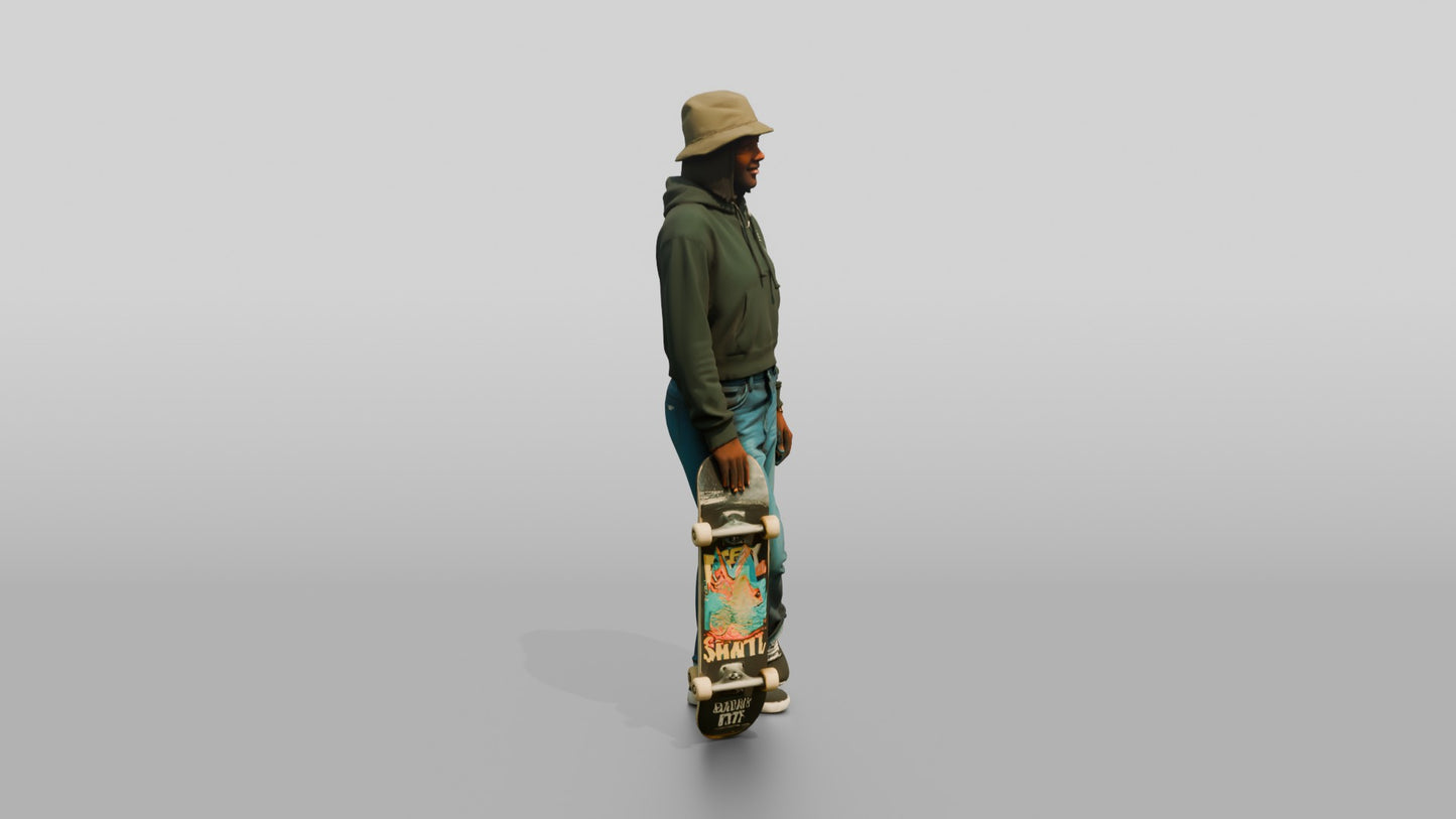 Skater Woman in Bucket Hat with Skateboard