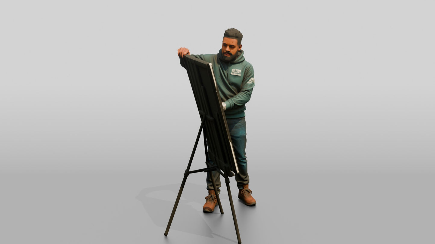 Man Presenting Artwork on an Easel