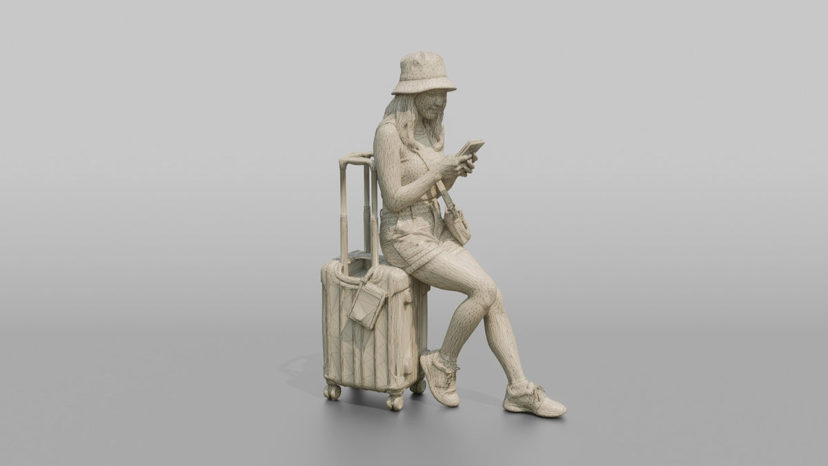 Traveler Resting On Her Suitcase - wireframe topology preview