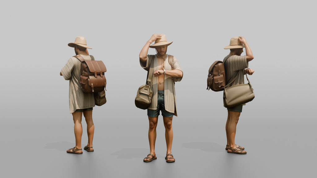 Traveler Adjusting His Sun Hat