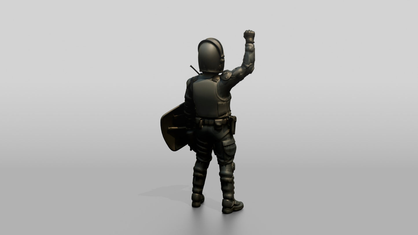 Riot Police Officer with Raised Fist and Shield