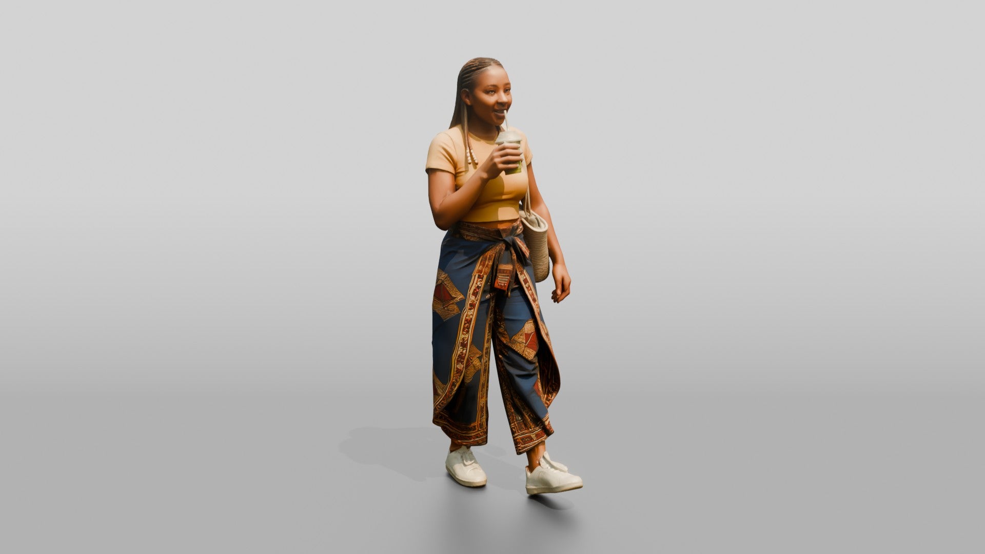 Curvy African Woman Drinking a Smoothie in Wrap Trousers