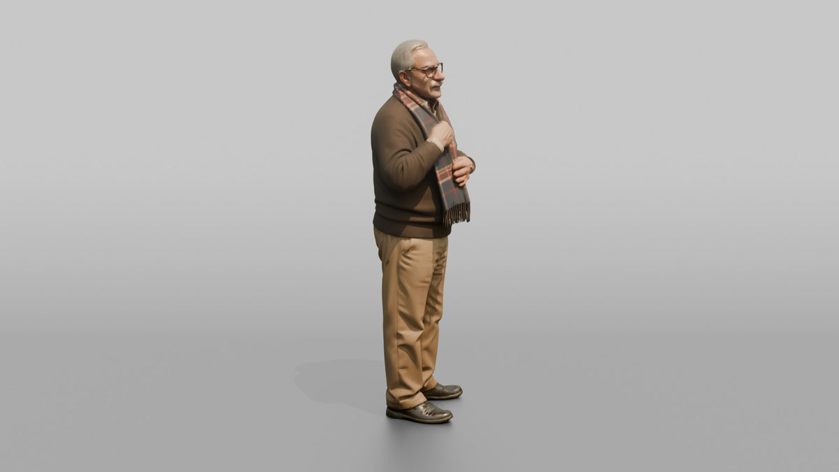 Grandfather Adjusting A Wool Scarf Around His Neck - 3D character model, view 2