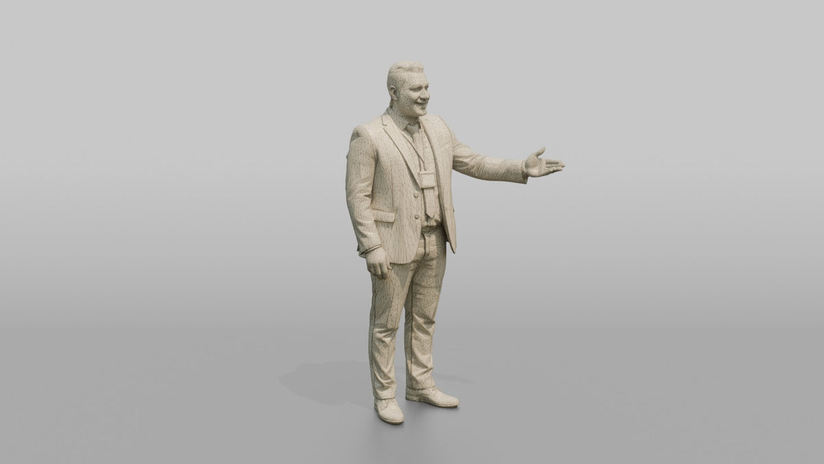 Door Staff Man Gesturing Toward The Entrance, Welcoming A Guest - wireframe topology preview