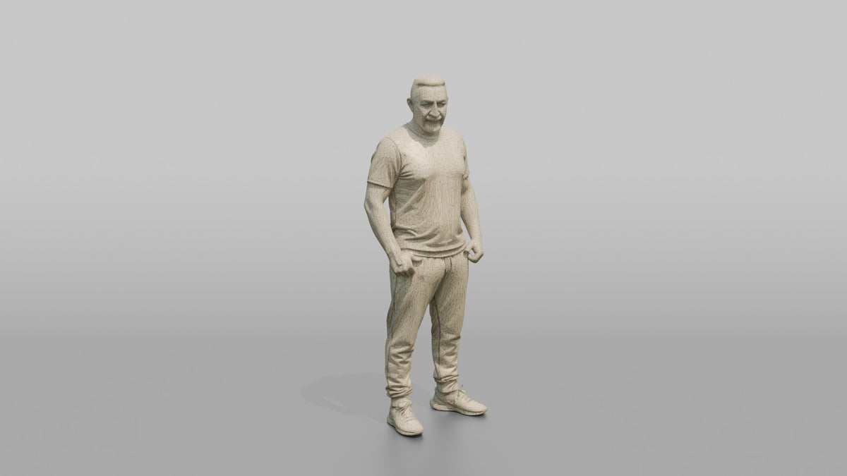 Physique Model Man Standing In A Relaxed Athletic Stance, Thumbs In Waistband - wireframe topology preview