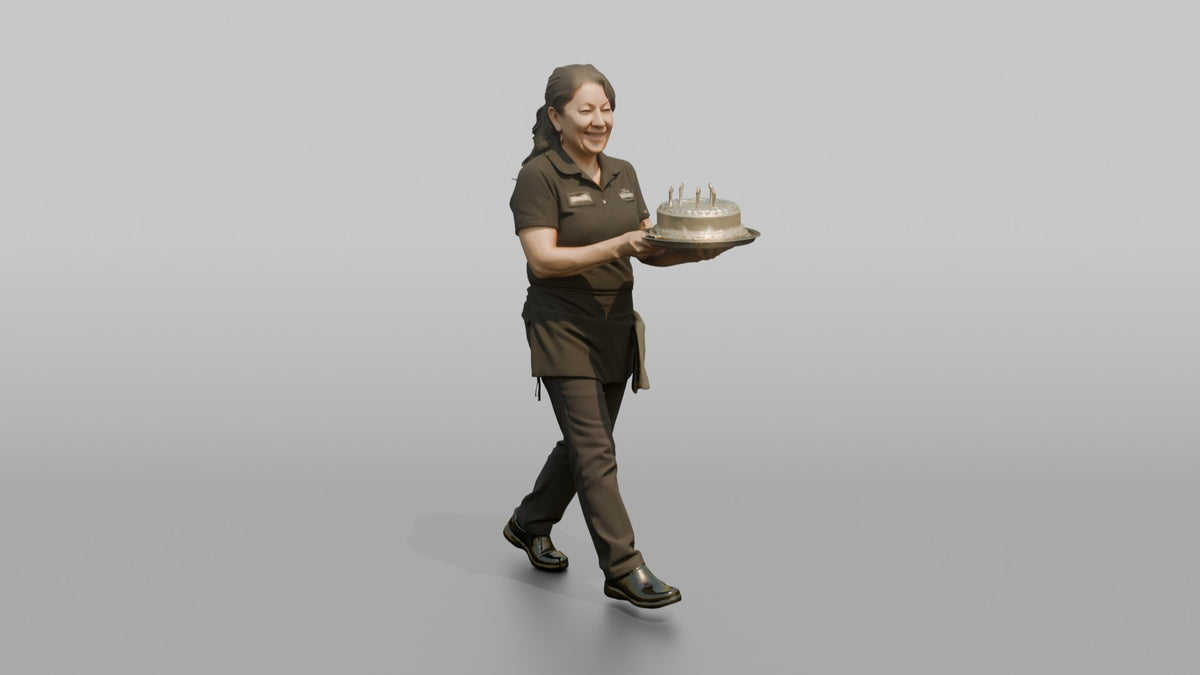 Server Woman Carrying A Tray With A Birthday Cake - 3D character model, view 5